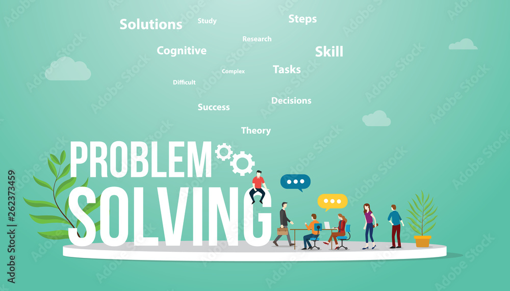 problem solving business concept with big word text and team people meeting discuss and debate to solve problems - vector