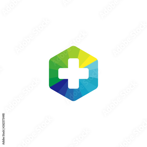 Medical cross in a hexagon. polygonal green and blue colors