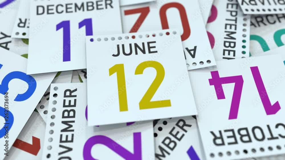 June 12 date on emphasized calendar page, 3D animation June 12 date on emphasized calendar page, 3D animation