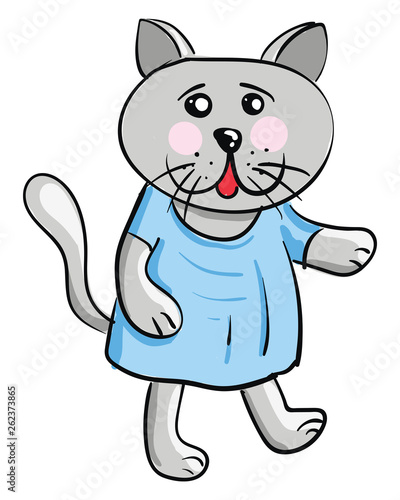 A grey-colored cartoon cat in a blue dress vector or color illustration
