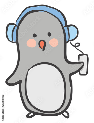 Cute little penguin listening to music with its blue-colored headphones vector or color illustration