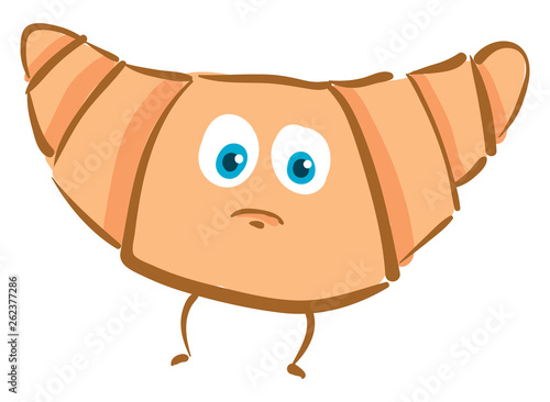 A brown-colored sad cartoon croissant vector or color illustration