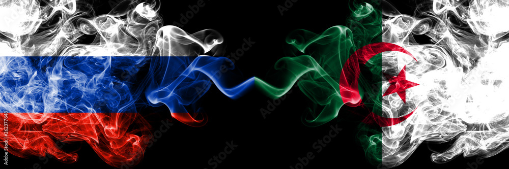 Russian vs Algeria, Algerian smoke flags placed side by side. Thick colored silky smoke flags of Russia and Algeria, Algerian Russian vs Algeria, Algerian smoke flags placed side by side. Thick colored silky smoke flags of Russia and Algeria, Algerian