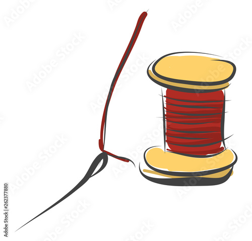 A wooden coil of strong thread with a needle for sewing garments vector or color illustration