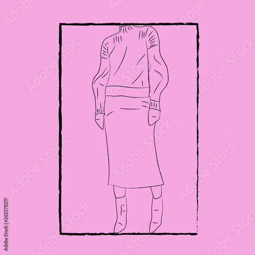 Line art of the body of a woman in winter clothes over pink background vector or color illustration