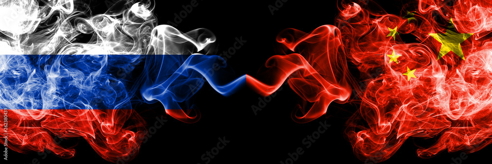 Russian vs China, Chinese smoke flags placed side by side. Thick colored silky smoke flags of Russia and China, Chinese - obrazy, fototapety, plakaty 