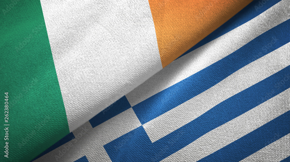 Fototapeta premium Ireland and Greece two flags textile cloth, fabric texture