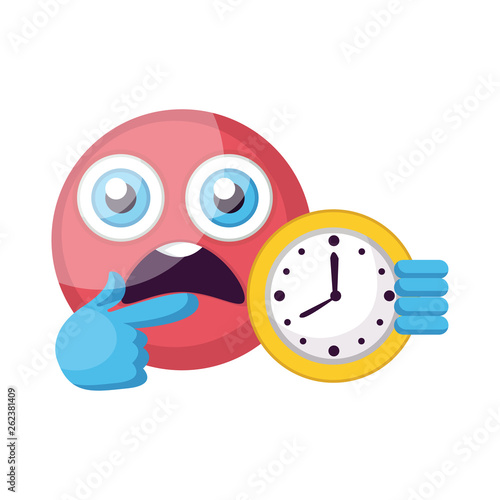 Round pink frustrated emoji showing clock vector illustration on a white background