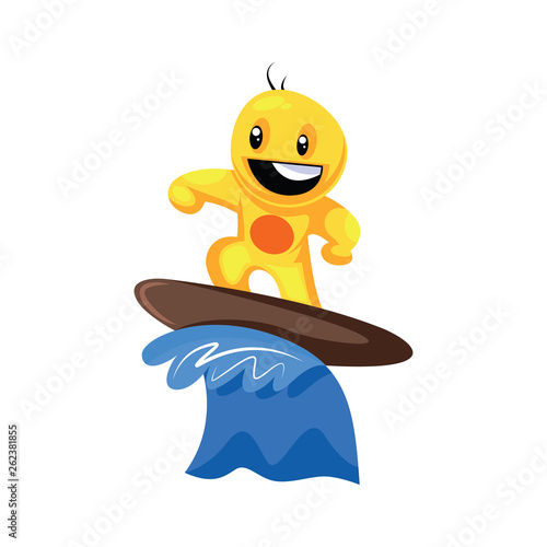 Yellow creature surfing on the wave vector illustration on a white background