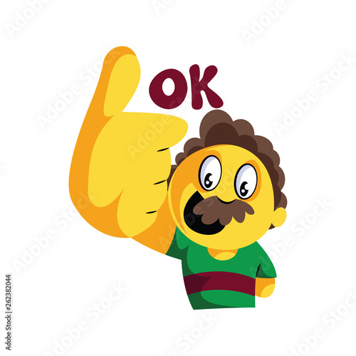 Yellow man with mustashes showing thumbs up and saying Ok vector illustration on a white background photo