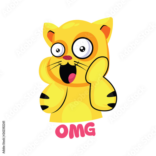 Yellow suprised cat saying OMG vector illustration on a white background