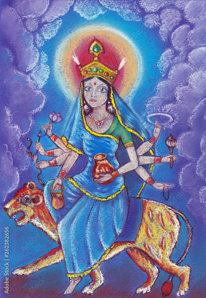 Beautiful Hindu goddess rendering Kushmanda Devi. . Navaratri. Day 4. Pastel drawing. Beautiful Hindu goddess rendering Kushmanda Devi. . Navaratri. Day 4. Pastel drawing.