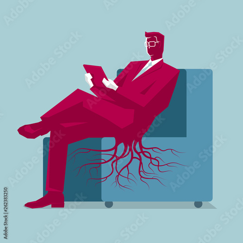  Sedentary businessman. Unhealthy life. Isolated on blue background.