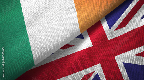 Ireland and United Kingdom two flags textile cloth, fabric texture
