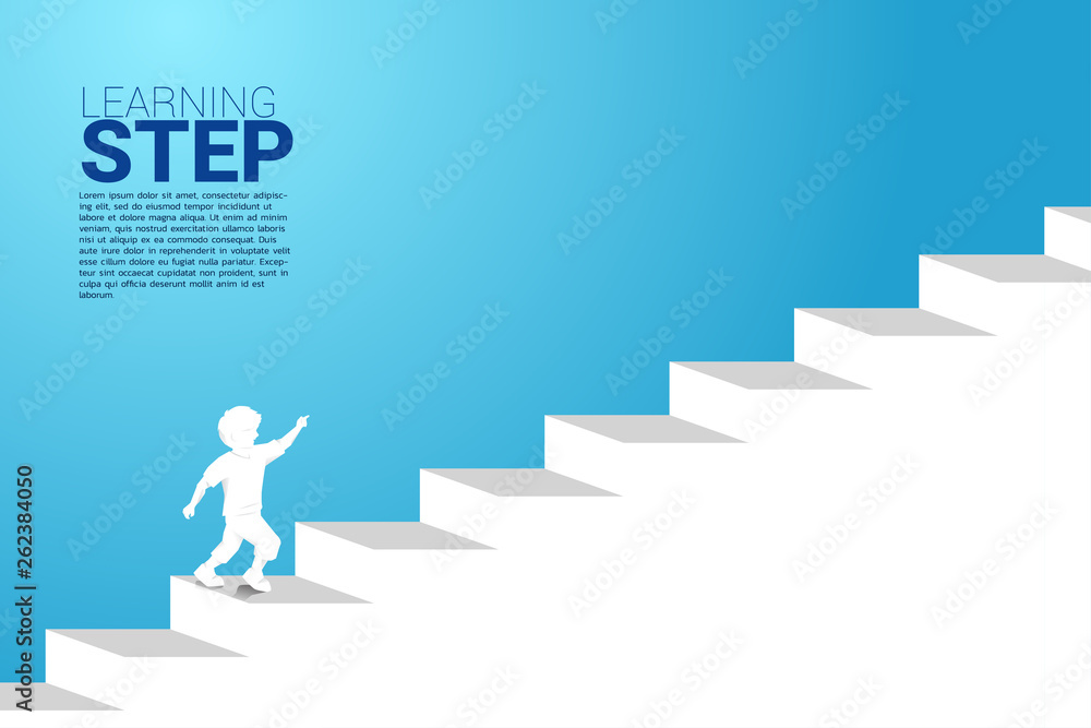 silhouette of boy running up on stair. Concept of education step.children play and learn silhouette of boy running up on stair. Concept of education step.children play and learn