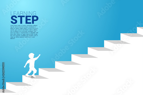 silhouette of boy running up on stair. Concept of education step.children play and learn