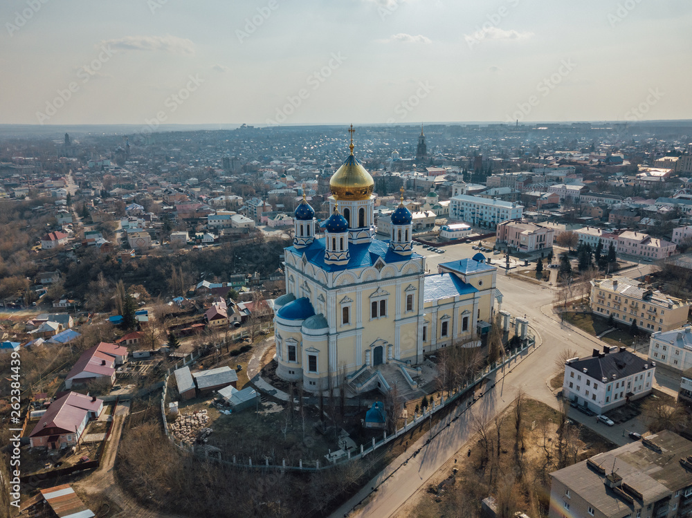 Aerial view from drone of Ascension Cathedral in Yelets, Lipetsk region, Russia