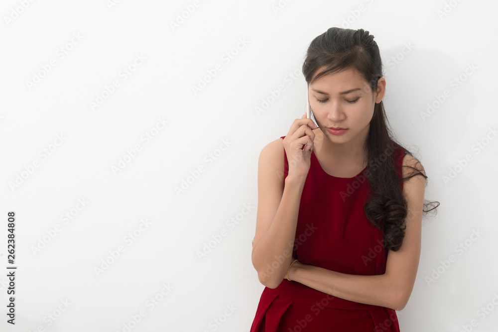 Worried young asian business woman with phone, Free from copy space. Worried young asian business woman with phone, Free from copy space.
