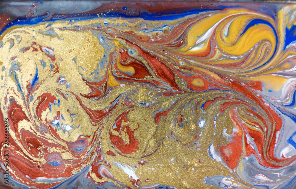 Gold, bronze and blue marbling pattern. Golden marble liquid texture. Gold, bronze and blue marbling pattern. Golden marble liquid texture.