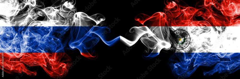 Fototapeta premium Russian vs Paraguay, Paraguayan smoke flags placed side by side. Thick colored silky smoke flags of Russia and Paraguay, Paraguayan