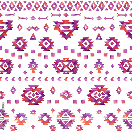 Seamless Hand Drawn Watercolor Ethnic Tribal Pattern. Aztec elements of red watercolor on white background.