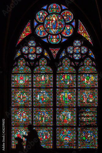 Stained glass window in Notre dame de paris cathedral, France