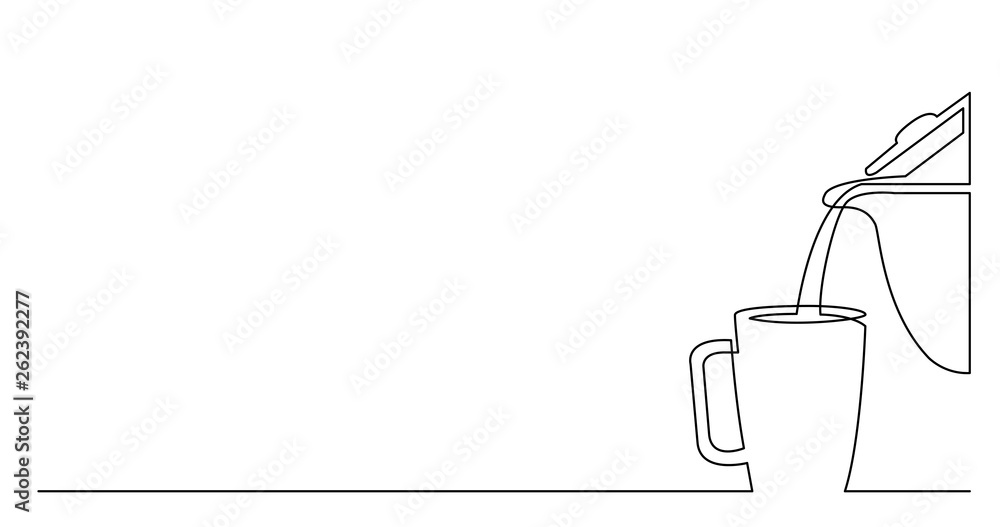contiuous line drawing of coffee pot pouring hot coffee in cup