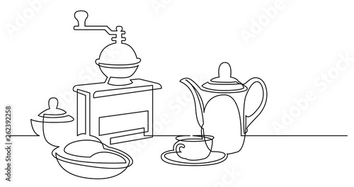 continuous line drawing of coffee grinder jar breakfast and cup of coffee