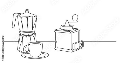 continuous line drawing of coffee pot grinder and coffee cup