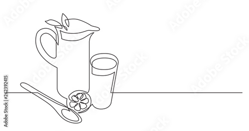 continuous line drawing of jar of ice tea glass and lemon