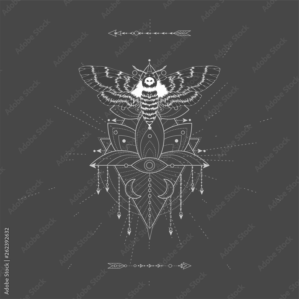 Vector illustration with hand drawn butterfly Dead head and Sacred geometric symbol on black background. Abstract mystic sign. Vector illustration with hand drawn butterfly Dead head and Sacred geometric symbol on black background. Abstract mystic sign.