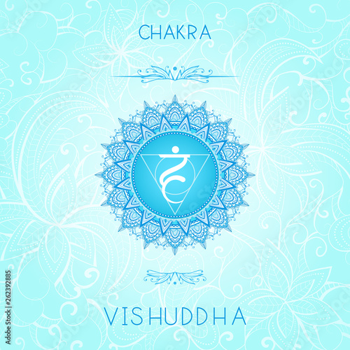 Vector illustration with symbol chakra Vishuddha on ornamental background.