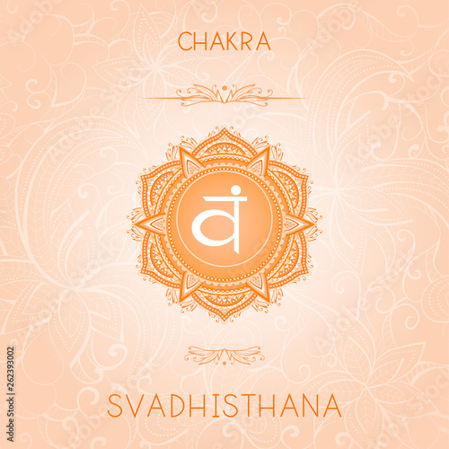Vector illustration with symbol chakra Svadhishana on ornamental background.