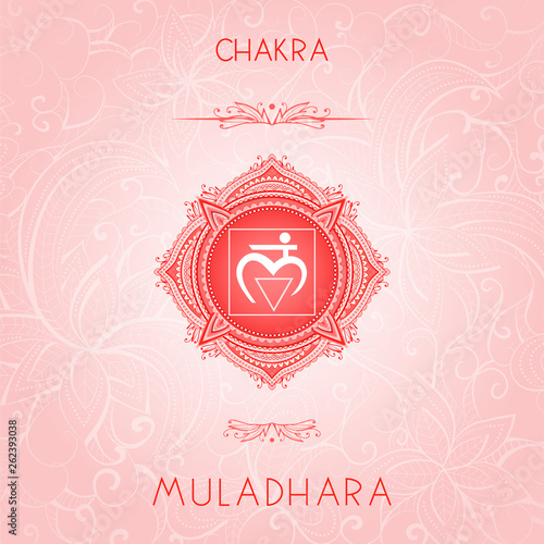 Vector illustration with symbol chakra Muladhara on ornamental background.