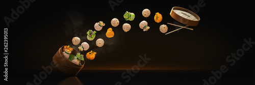 Photos variety of dim sum in bamboo steam containers. 3d rendering