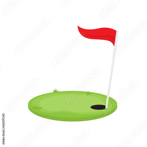 Golf hole with a red flag. Vector illustration design