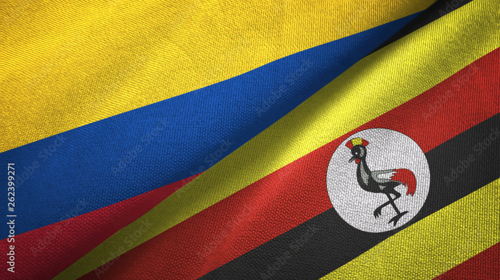 Fototapeta premium Colombia and Uganda two flags textile cloth, fabric texture