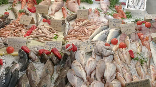 a variety of seafood at athens central market photo