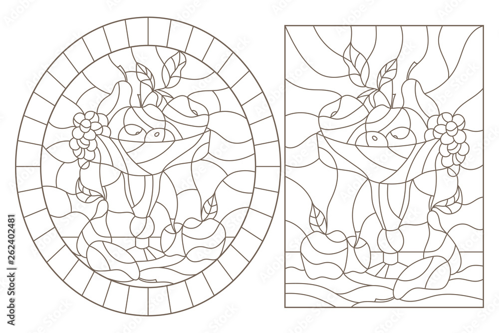 A set of contour illustrations of stained glass Windows with fruit still lifes, dark contours on a white background