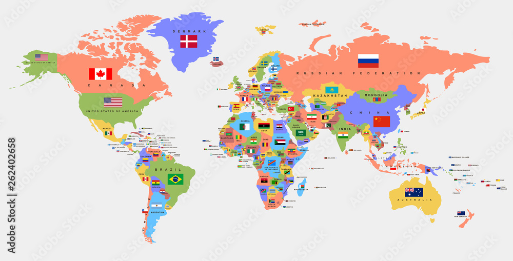Tafelkleed Kleur wereldkaart met de namen van landen en nationale vlaggen.  Politieke kaart. Elk land is geïsoleerd. - Nikkel-Art.nl