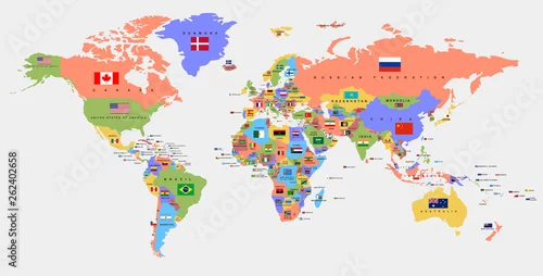 Obraz Color world map with the names of countries and national flags. Political map. Every country is isolated.