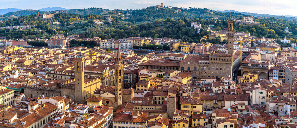 Panorama of Florence at Sunset - An Autumn sunset view of the Old Town of Florence, as seen from top of the dome of Florence Cathedral. Italy. No recognizable trademark, logo or person in the image.
