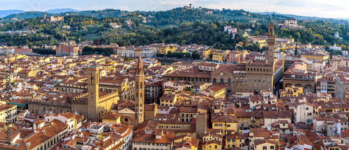 Panorama of Florence at Sunset - An Autumn sunset view of the Old Town of Florence, as seen from top of the dome of Florence Cathedral. Italy. No recognizable trademark, logo or person in the image.