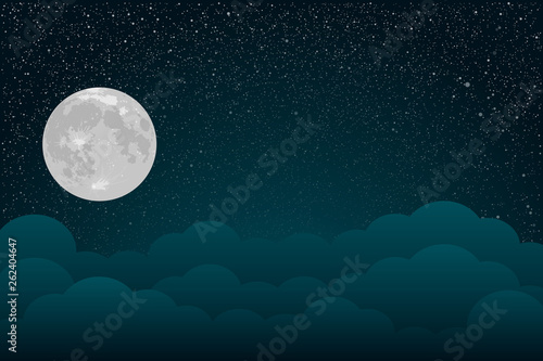 Starry dark night sky. Clouds and moon.