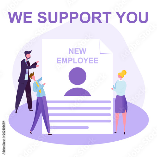good attitude to the new employee, interaction of experienced workers with a newcomer, first day in office and new team, Vector image, flat design, modern illustration with colorful characters.