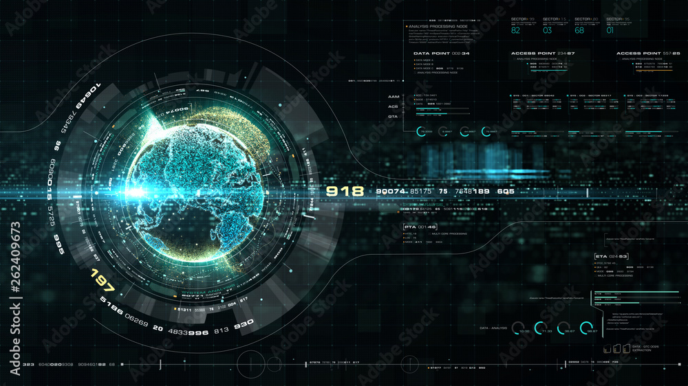 Futuristic motion graphic user interface head up display screen with Holographic Earth and digital data telemetry information display for digital background computer desktop display screen Futuristic motion graphic user interface head up display screen with Holographic Earth and digital data telemetry information display for digital background computer desktop display screen