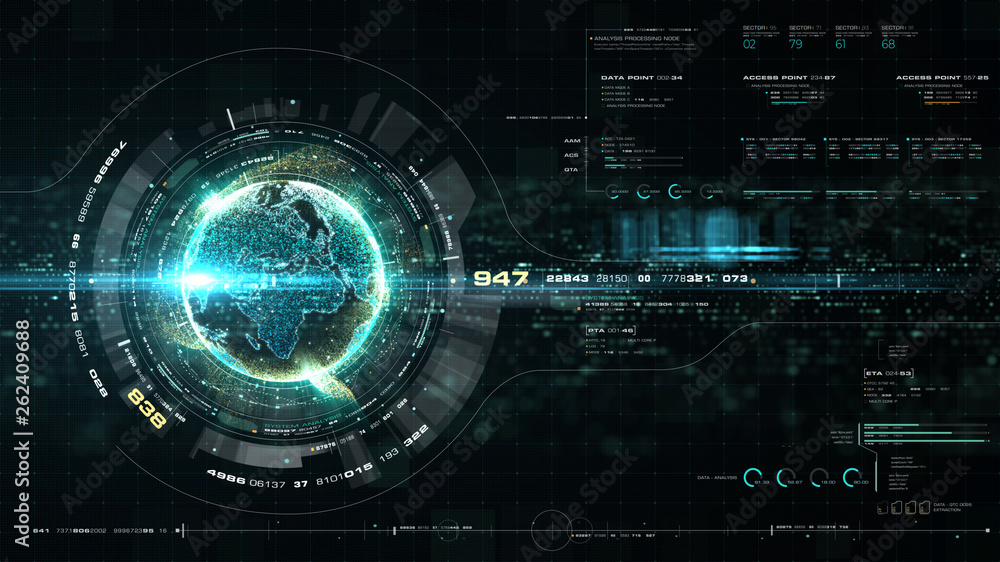 Futuristic motion graphic user interface head up display screen with Holographic Earth and digital data telemetry information display for digital background computer desktop display screen Futuristic motion graphic user interface head up display screen with Holographic Earth and digital data telemetry information display for digital background computer desktop display screen