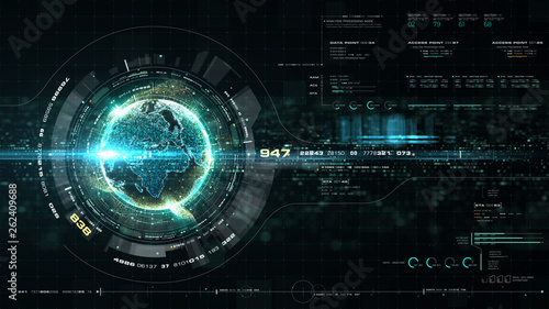 Wallpaper Mural Futuristic motion graphic user interface head up display screen with Holographic Earth and digital data telemetry information display for digital background computer desktop display screen Torontodigital.ca