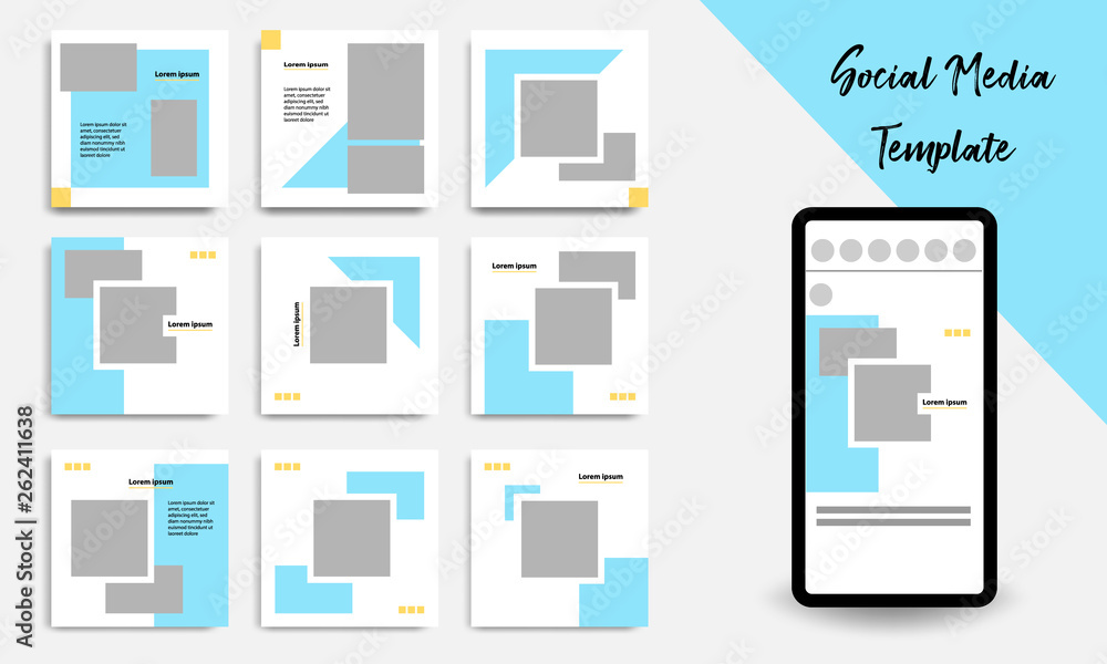Editable square abstract geometric banner template for social media post. Blue, yellow and white frame color. Minimal design background vector illustration Editable square abstract geometric banner template for social media post. Blue, yellow and white frame color. Minimal design background vector illustration