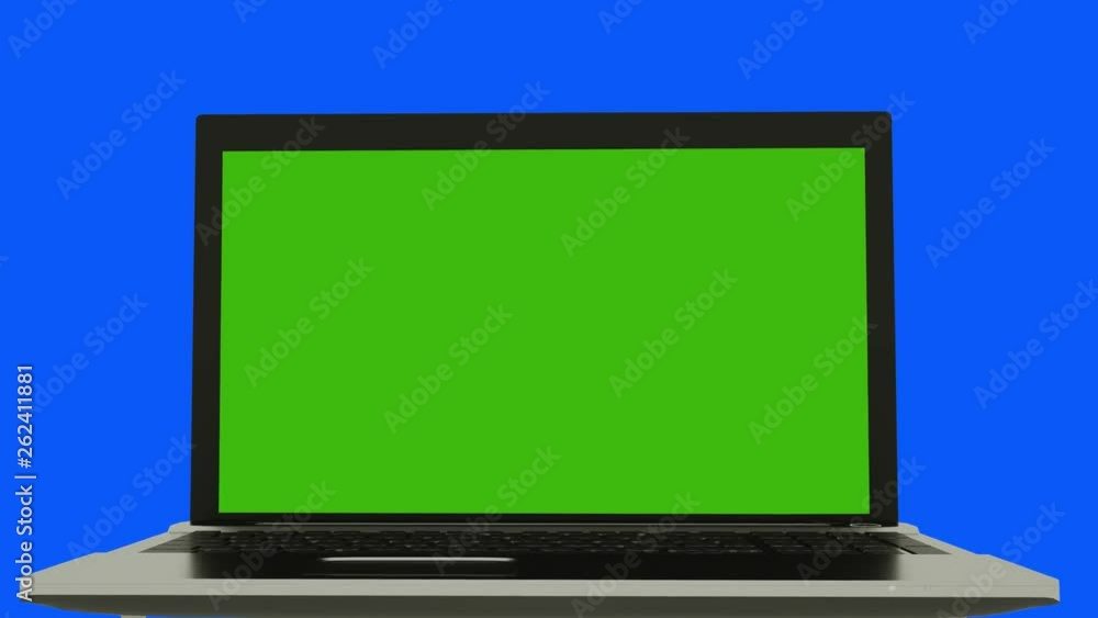 Laptop notebook spinning over blue background. Camera zooms to Laptop (notebook) screen. Green screen (Chroma key). High-quality 4K 3D rendering. Laptop notebook spinning over blue background. Camera zooms to Laptop (notebook) screen. Green screen (Chroma key). High-quality 4K 3D rendering.